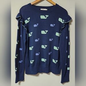 Preppy Vineyards Vines Navy Whale Pattern Ruffle Sweater Top L